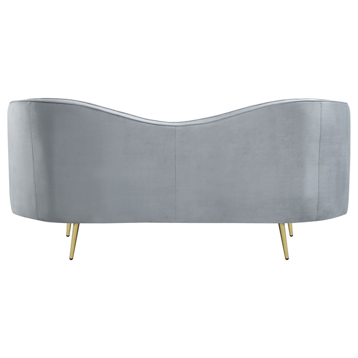CoasterEssence Sophia grey upholstered channel-tufted loveseat with plush cushions and tapered legs