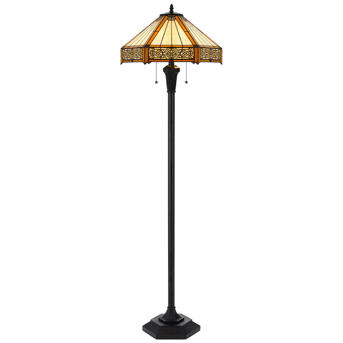 Two Light Traditional Shaped Floor Lamp With Orange And Ivory Abstract Tiffany Glass Empire Shade - Bronze