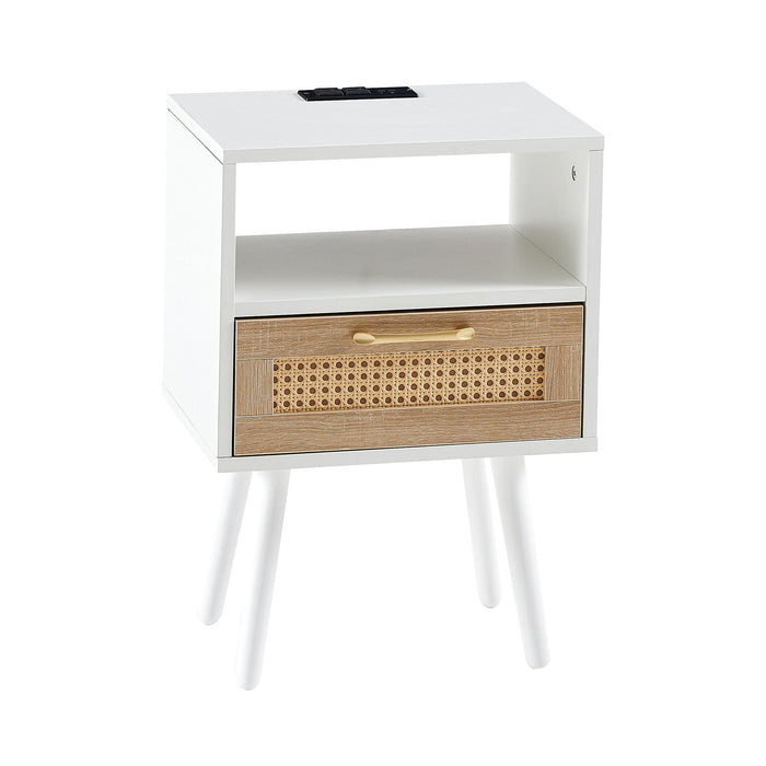 Rattan nightstand with power outlet, USB ports, drawer, solid wood legs, modern design for living room or bedroom.