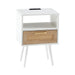 Rattan nightstand with power outlet, USB ports, drawer, solid wood legs, modern design for living room or bedroom.