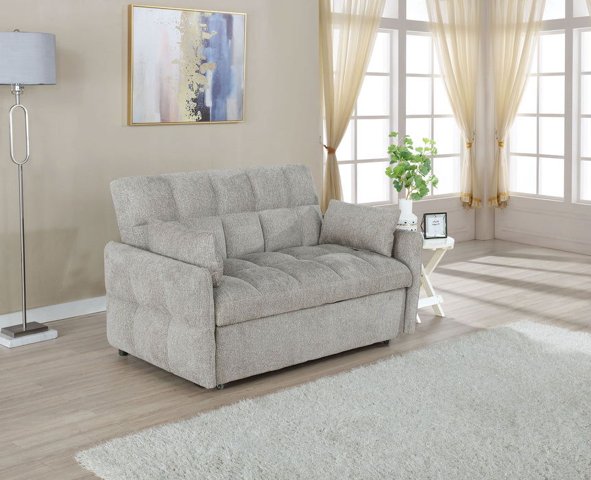 CoasterEssence Cotswold light grey upholstered convertible sleeper sofa bed with tufted back and streamlined arms