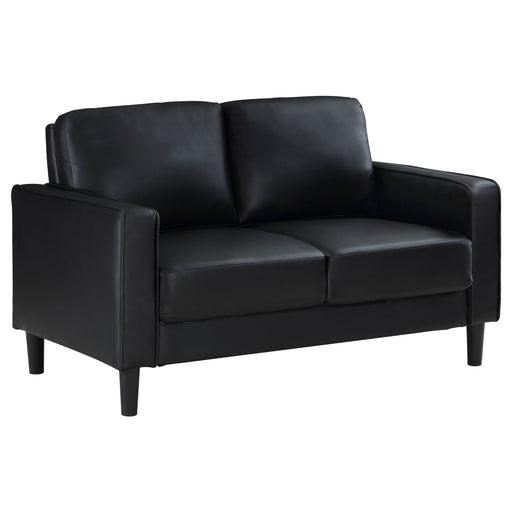CoasterEveryday Ruth upholstered track arm loveseat in black fabric, front view