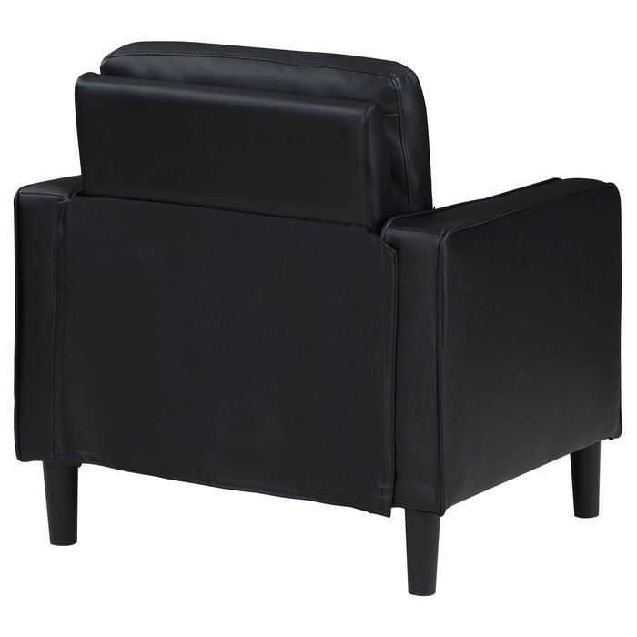 CoasterEveryday Ruth upholstered track arm accent chair in black fabric with clean lines and padded seating