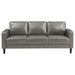 CoasterEveryday Ruth upholstered track arm sofa in grey fabric, front three-quarter view