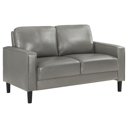 Ruth upholstered track arm loveseat in grey by CoasterEveryday, featuring clean lines and plush seating
