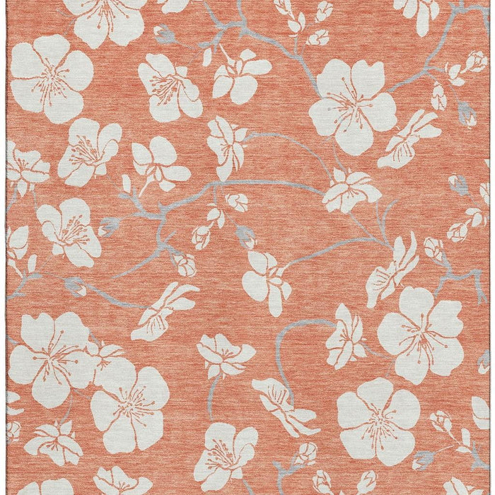 10' X 14' Floral Washable Area Rug With UV Protection (681029) - Coral / Ivory