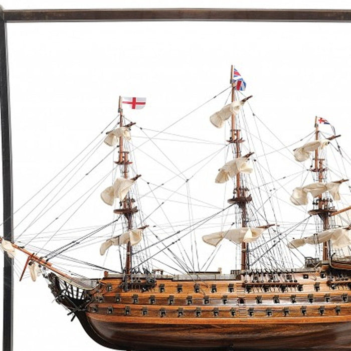 Hand Painted HMS Victory Medium Open Front Display Case Model Boat - Brown