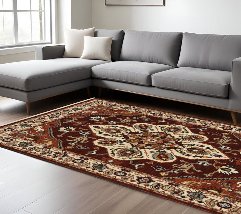 8' x 11' Oriental Power Loom Stain Resistant Area Rug With Fringe - Red Ivory Orange And Blue