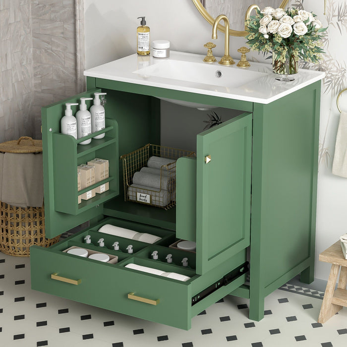 Giga bathroom vanity with single undermount sink, solid wood frame, two doors, drawer, soft-close, multifunctional storage.