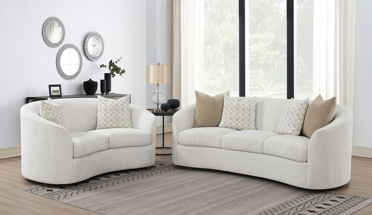 CoasterEssence Rainn 2-piece latte boucle upholstered sofa set with sloped arms