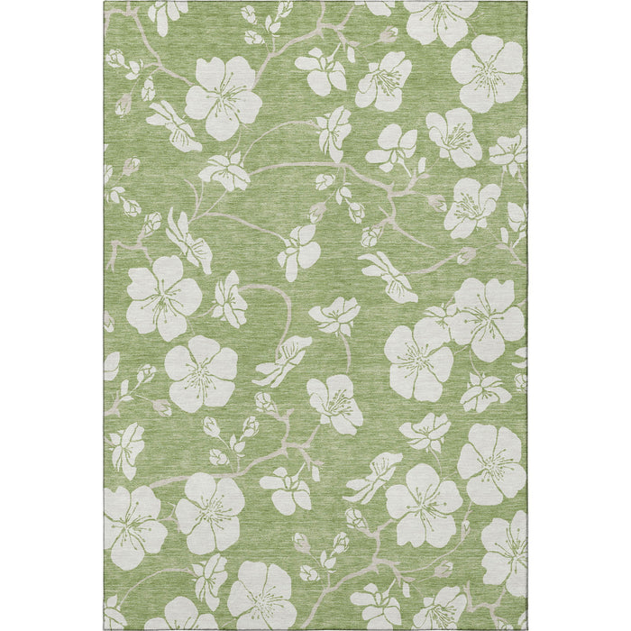 10' X 14' Floral Washable Area Rug With UV Protection (681005) - Artichoke Green / Ivory