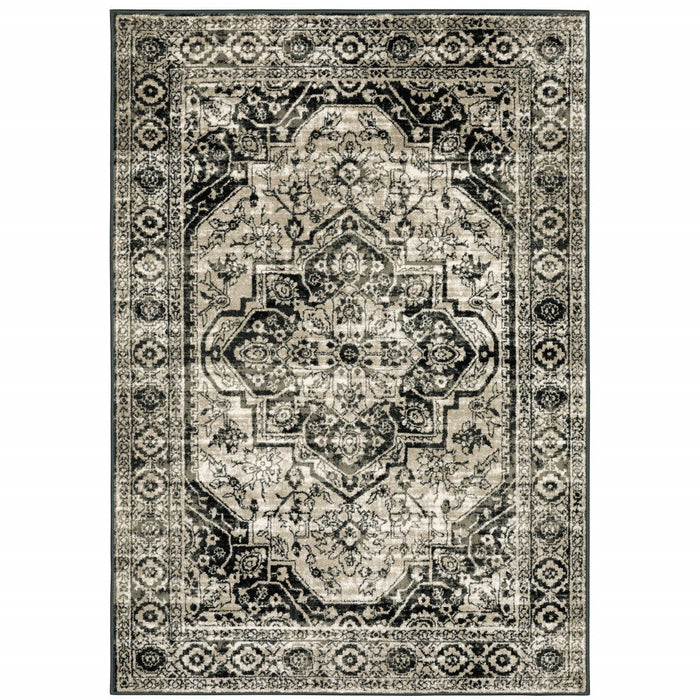 10' x 13' Oriental Power Loom Stain Resistant Area Rug - Black Gray Tan And Ivory