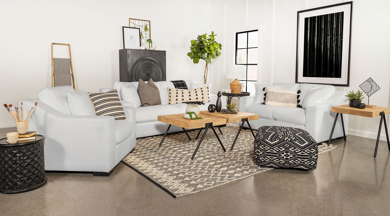 CoasterElevations Ashlyn 3-piece upholstered sofa set with sloped arms in white fabric, featuring plush cushions and modern design.