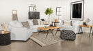 CoasterElevations Ashlyn 3-piece upholstered sofa set with sloped arms in white fabric, featuring plush cushions and modern design.