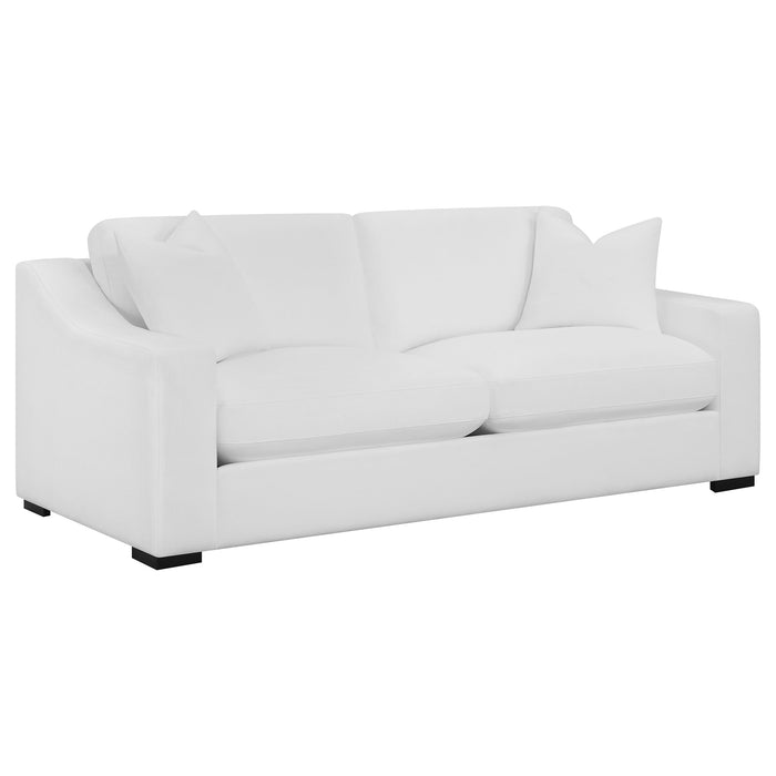 White Ashlyn 3-piece upholstered sloped arm sofa set by CoasterElevations, showing plush cushions and modern furniture design.