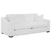 White Ashlyn 3-piece upholstered sloped arm sofa set by CoasterElevations, showing plush cushions and modern furniture design.