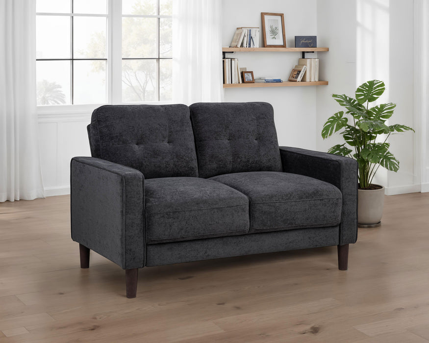 CoasterEveryday Bowen II steel grey fabric upholstered track arm loveseat