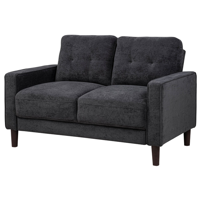 CoasterEveryday Bowen II steel grey fabric upholstered track arm loveseat