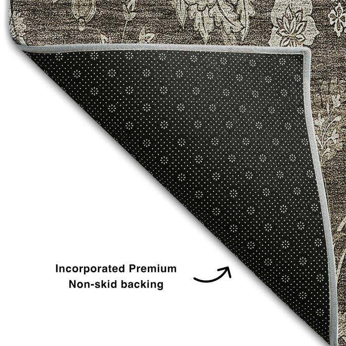 10' X 14' Floral Washable Area Rug With UV Protection (655920) - Chocolate / Beige