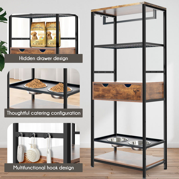 Giga black and dark brown dog feeding station with three adjustable raised bowls and storage shelves for large and medium dogs.