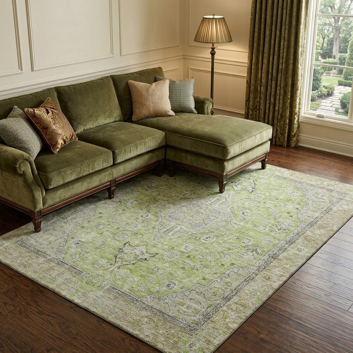 10' X 14' Floral Medallion Washable Area Rug With UV Protection (696116) - Lime Green / Gray