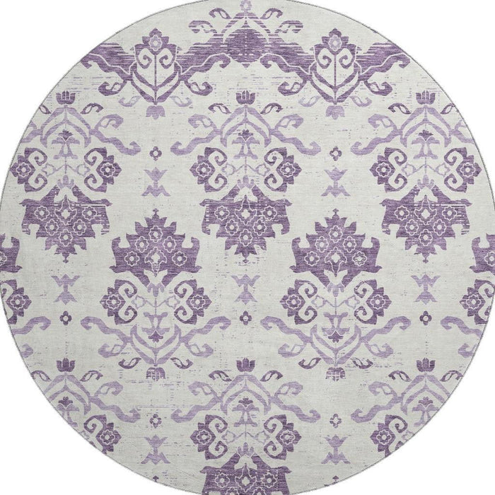 8' Medallion Washable Round Rug With UV Protection - Purple / Ivory
