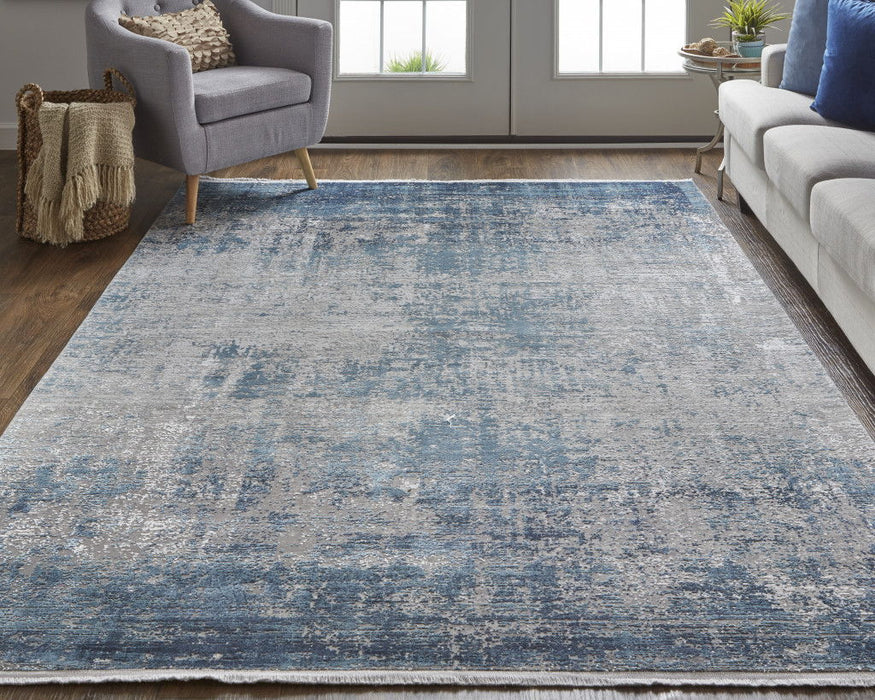 12' x 18' Abstract Power Loom Distressed Area Rug - Blue Gray And Silver