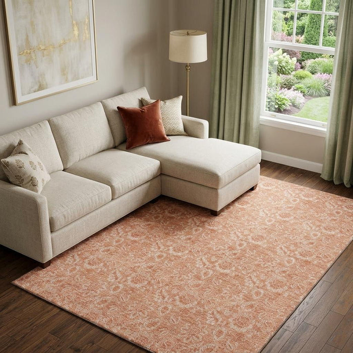 10' X 14' Floral Washable Area Rug With UV Protection (655150) - Salmon / Ivory