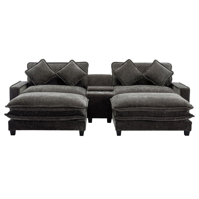 Sectional Sofa Upholstered Sofa With Two Removable Ottoman, Two USB Ports, Two Cup Holders And Large Storage Box For Living Room