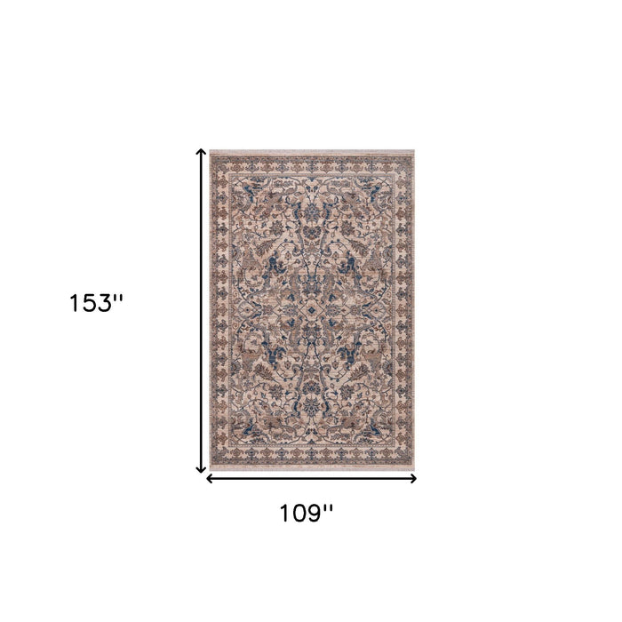 9' X 13' Oriental Area Rug With Fringe - Tan And Blue