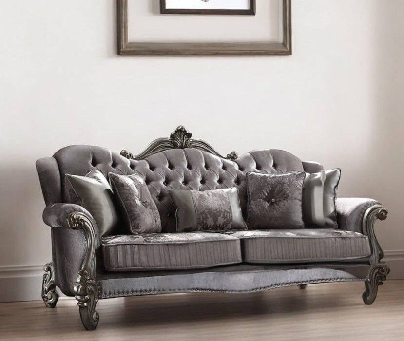 Velvet Curved Floral Sofa And Toss Pillows - Platinum