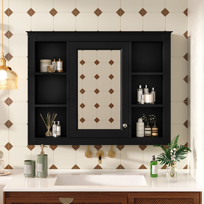 Giga wall-mounted medicine cabinet with mirror, open shelves, and adjustable interior storage for bathroom organization
