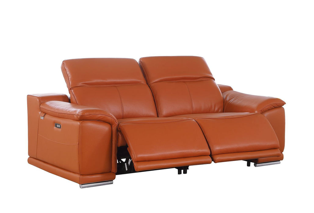 Italian Leather Power Reclining Loveseat - Orange / Silver