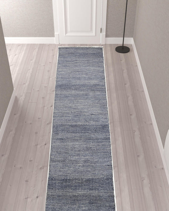 12' Wool Striped Hand Knotted Runner Rug - Blue And Gray