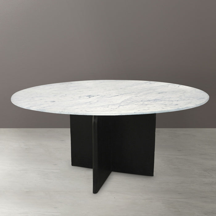 60" Marble And Solid Wood Pedestal Base Round Top Dining Table - White