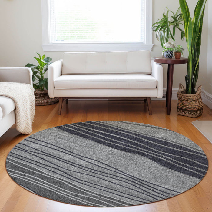 8' Striped Washable Round Rug Polyester With UV Protection - Gray And Silver