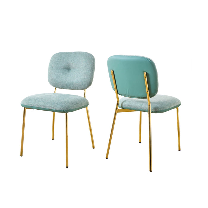 Set of 2 green Giga modern dining chairs with upholstered seats and metal legs, space-saving contemporary accent seating.