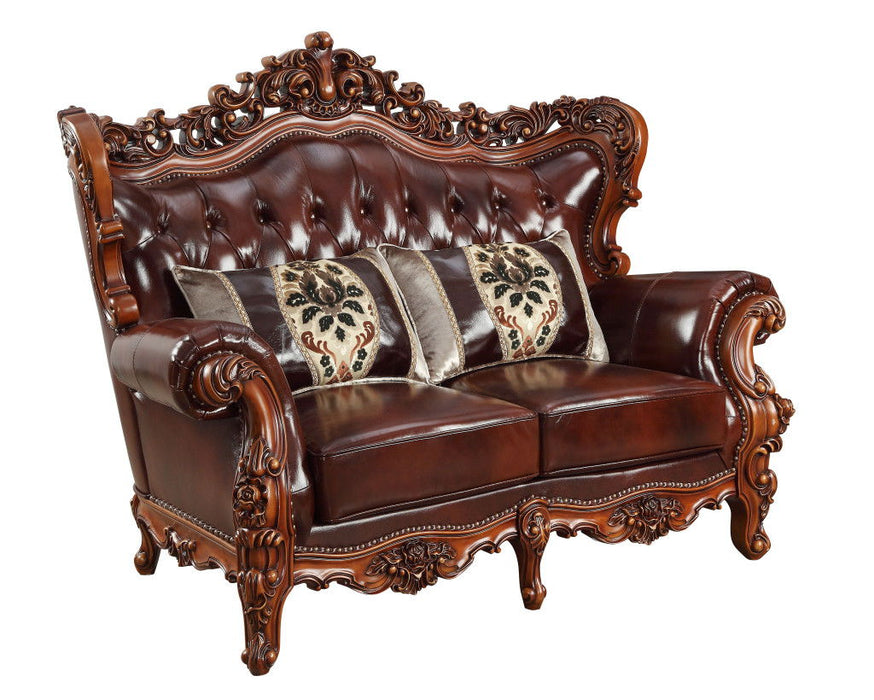 69" Top Grain Leather Curved Loveseat And Toss Pillows - Brown And Walnut