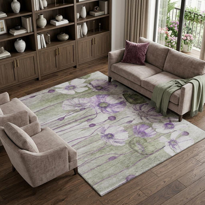 8' X 10' Floral Washable Area Rug With UV Protection (657315) - Purple / Green / Ivory
