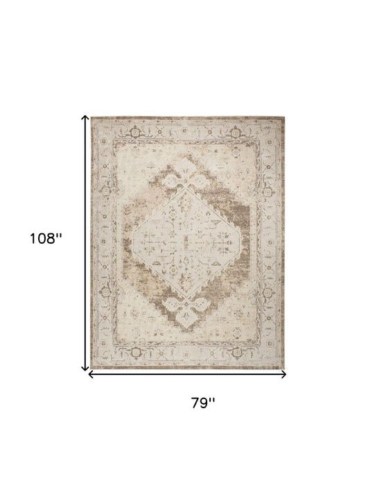 7' X 9' Floral Medallion Distressed Area Rug (550249) - Ivory / Tan