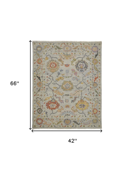 4' X 6' Wool Oriental Hand Knotted Area Rug With Fringe - Gray And Yellow