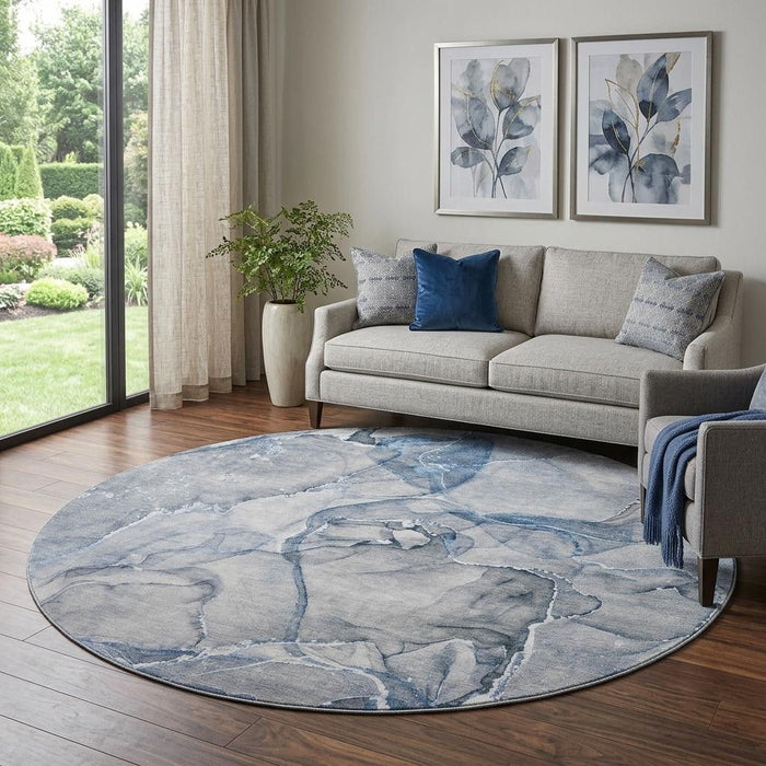 8' Abstract Washable Round Rug With UV Protection (647257) - Blue / Ivory