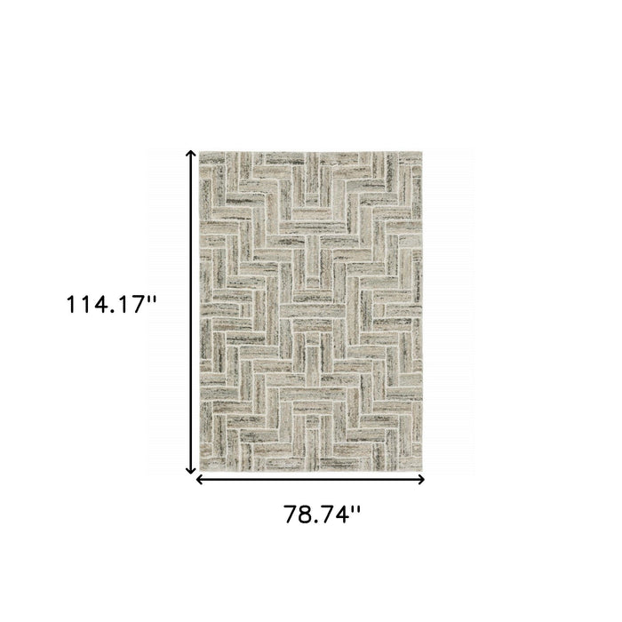 6' x 9' Geometric Power Loom Stain Resistant Area Rug - Ivory Beige Gray Brown Pale Blue And Charcoal