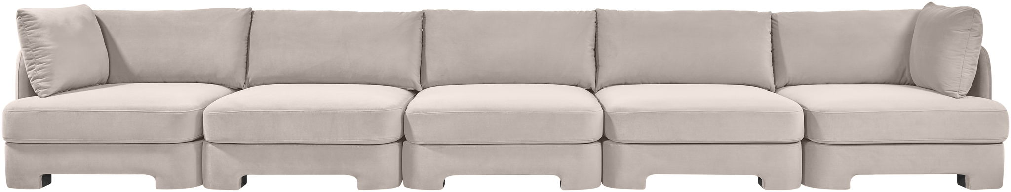 Velvet performance fabric upholstered five-piece stationary sectional sofa by Meridian Furniture, featuring plush seating and modern design.