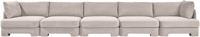Velvet performance fabric upholstered five-piece stationary sectional sofa by Meridian Furniture, featuring plush seating and modern design.