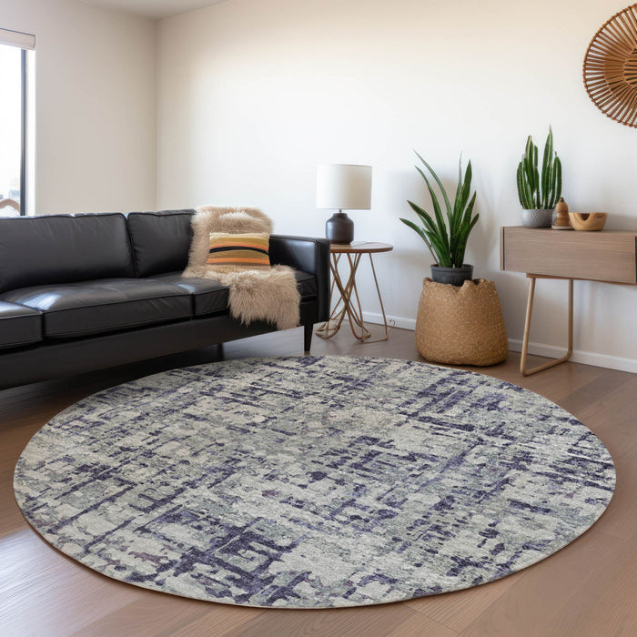 8' Abstract Washable Round Rug Polyester With UV Protection - Purple / Gray