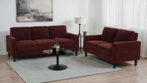 CoasterEveryday Ruth 2-piece rust red fabric upholstered sofa with track arms