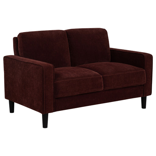 CoasterEveryday Ruth rust red fabric upholstered track arm loveseat