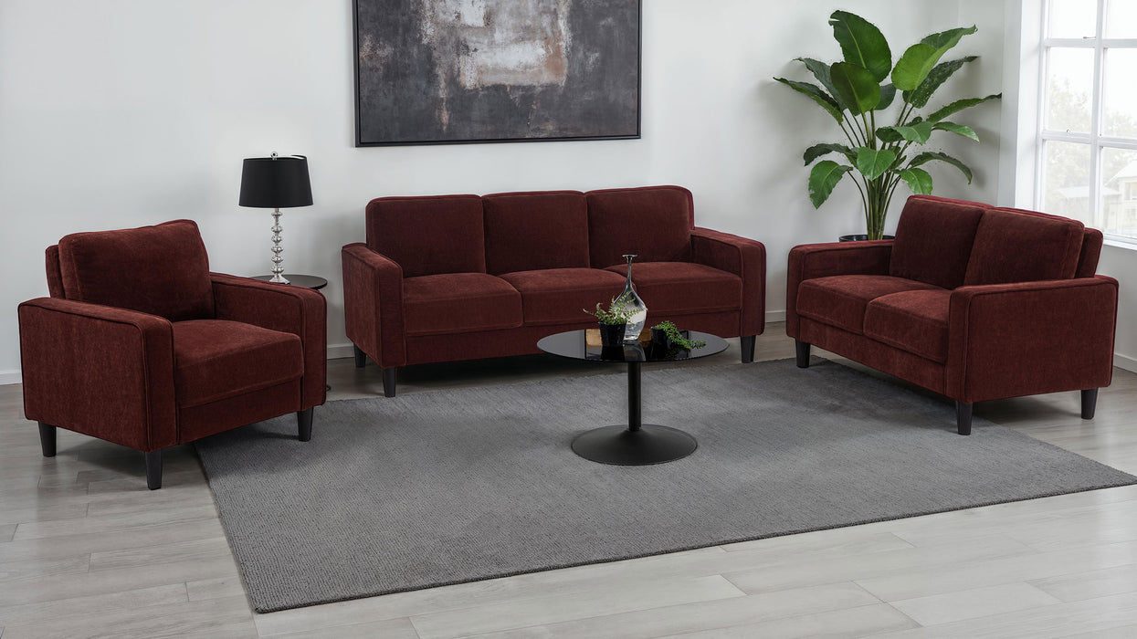 Ruth Fabric Upholstered Track Arm Loveseat Rust Red