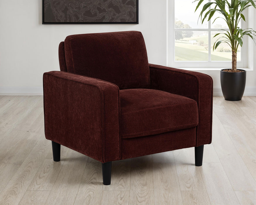 CoasterEveryday Ruth rust red fabric upholstered accent chair with track arms